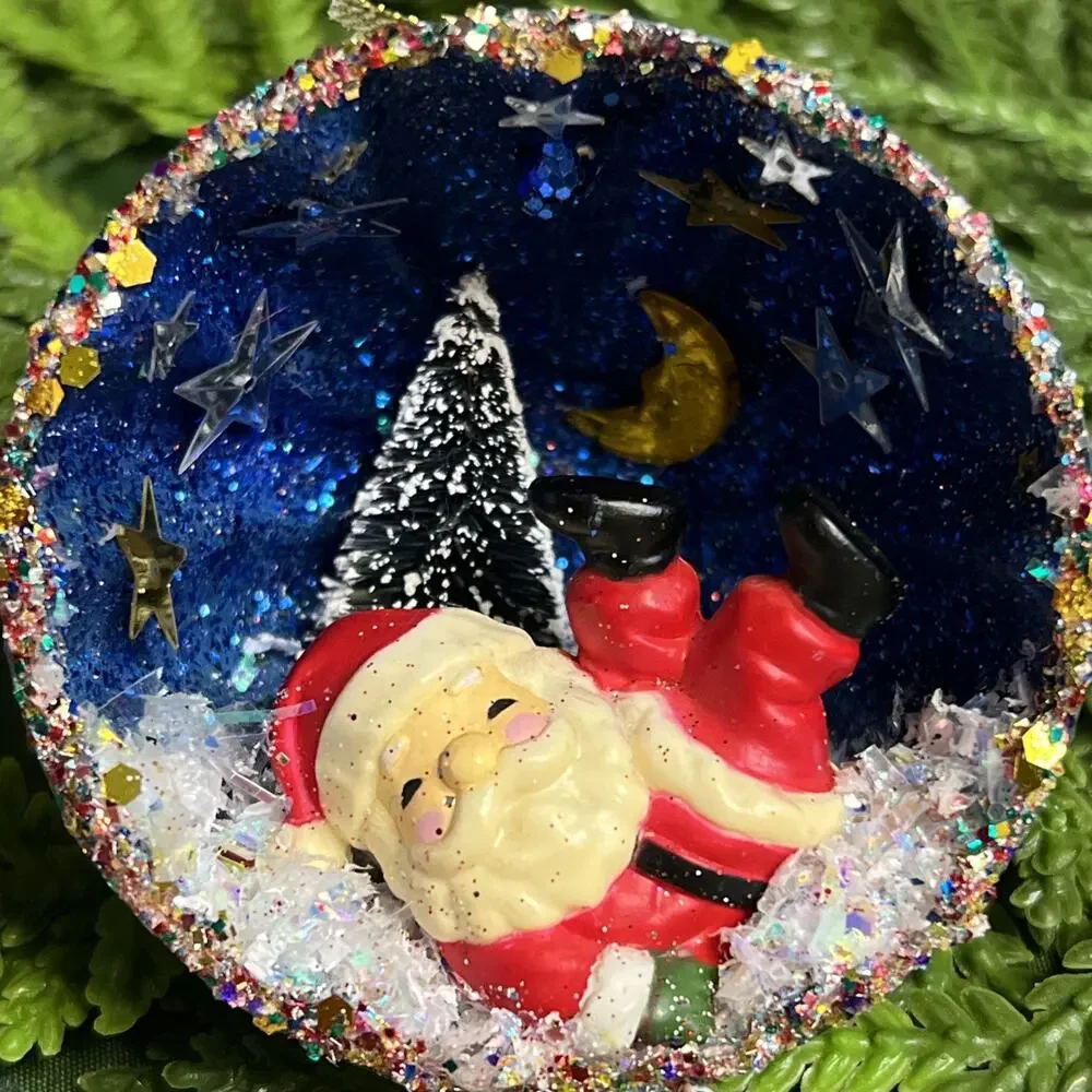 Vintage Round Tart Tin Santa Claus Stars Tree Moon Diorama Mid Century Ornament